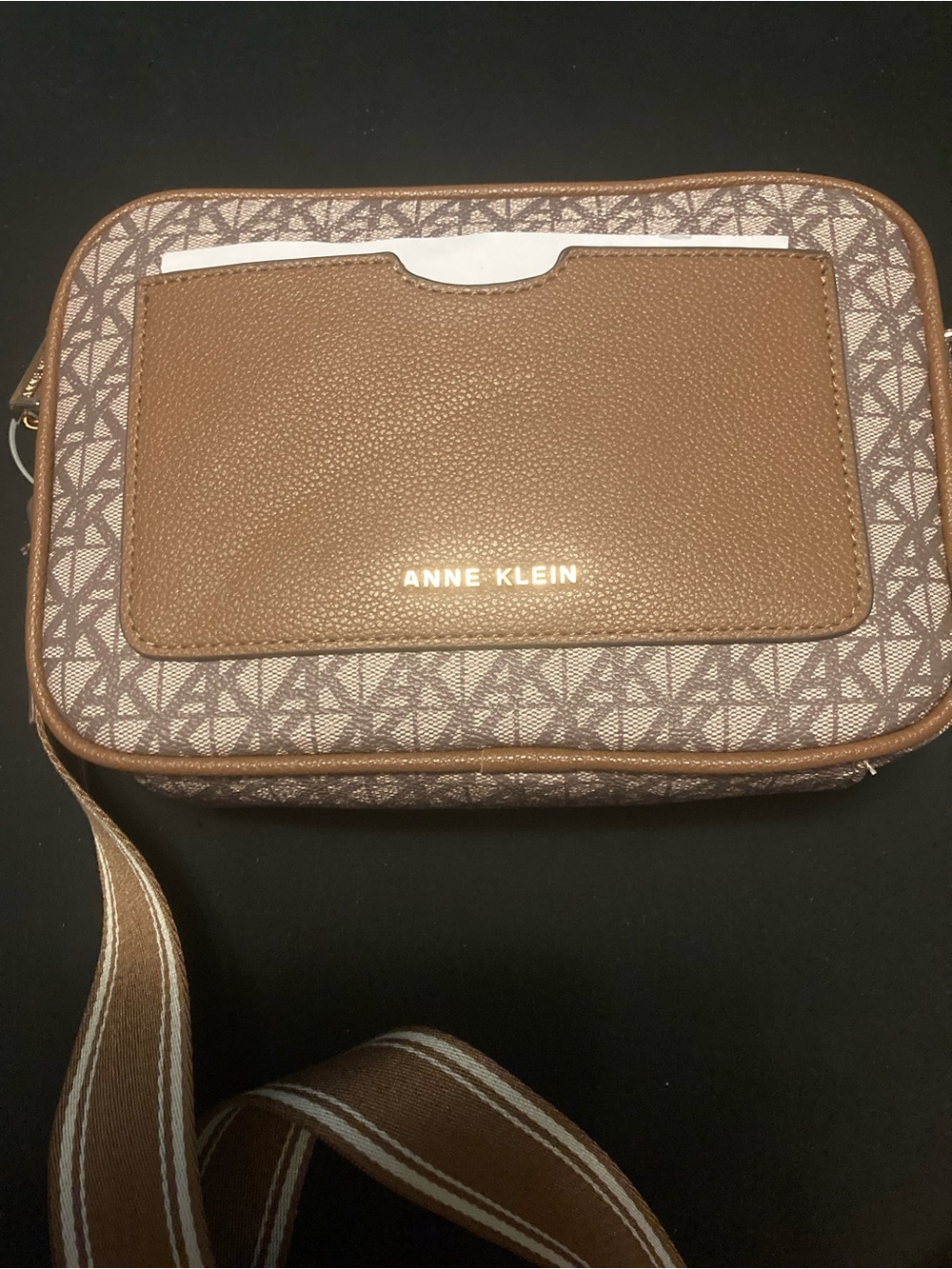 Anne Klein Brown Logo-Print Crossbody with Striped Strap